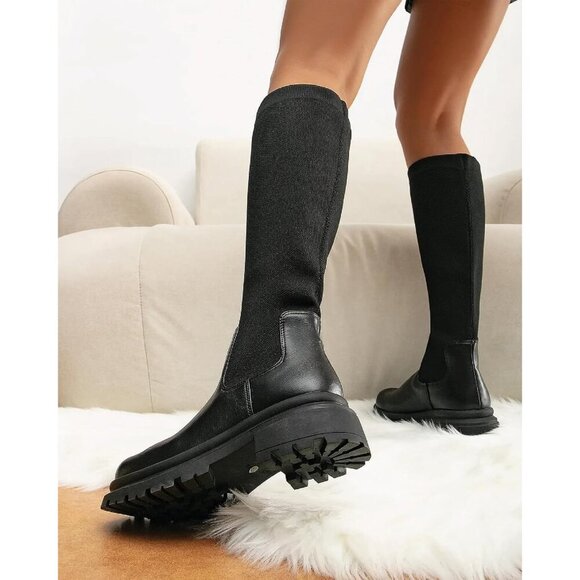 🆕 MOUSSE FIT Women's Black Knee High Rubber Boots Lug Sole Platform Block Heel - Picture 6 of 6